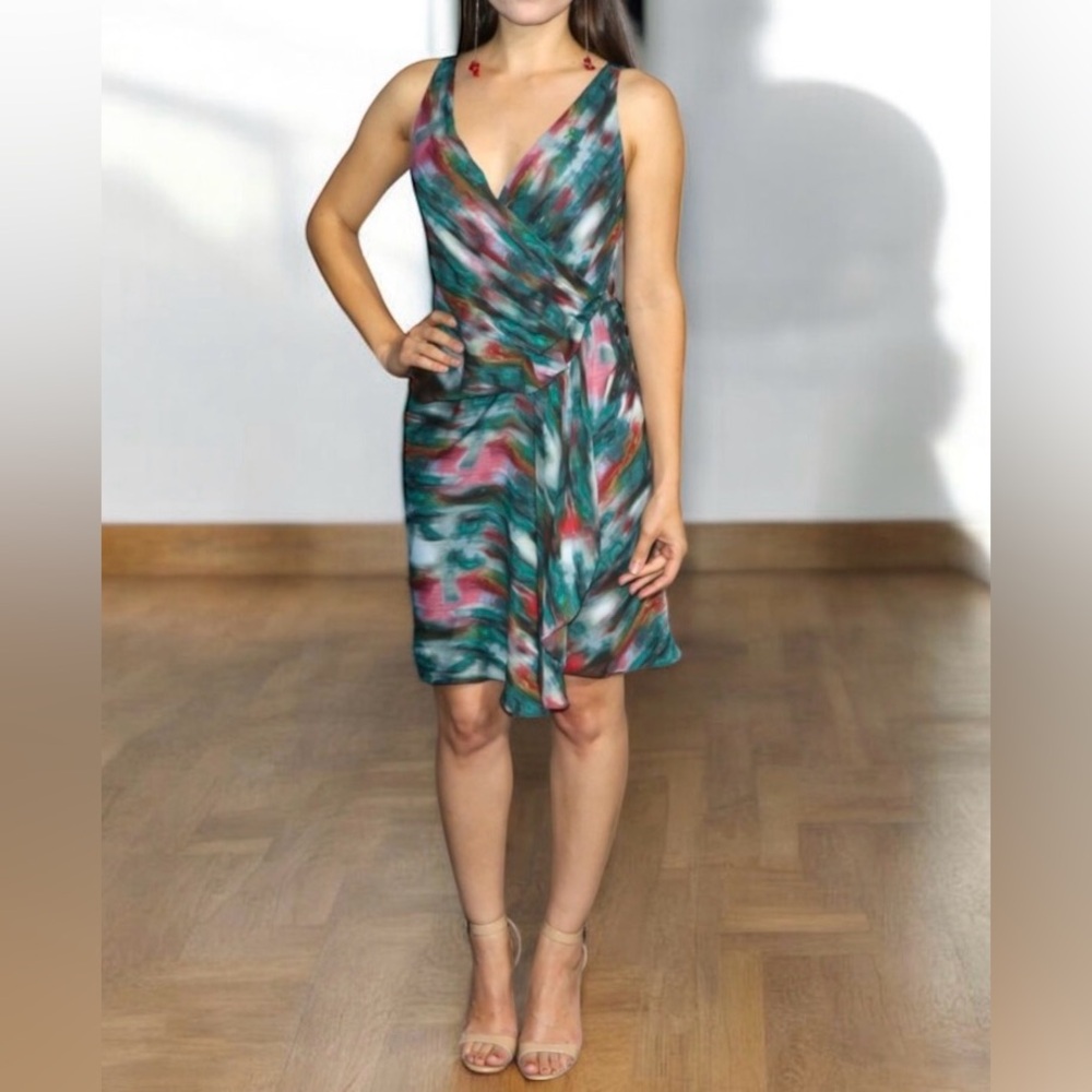 RACHEL Rachel Roy Ruched Watercolor Sheath Surplice Neckline PACIFIC COMBO Dress